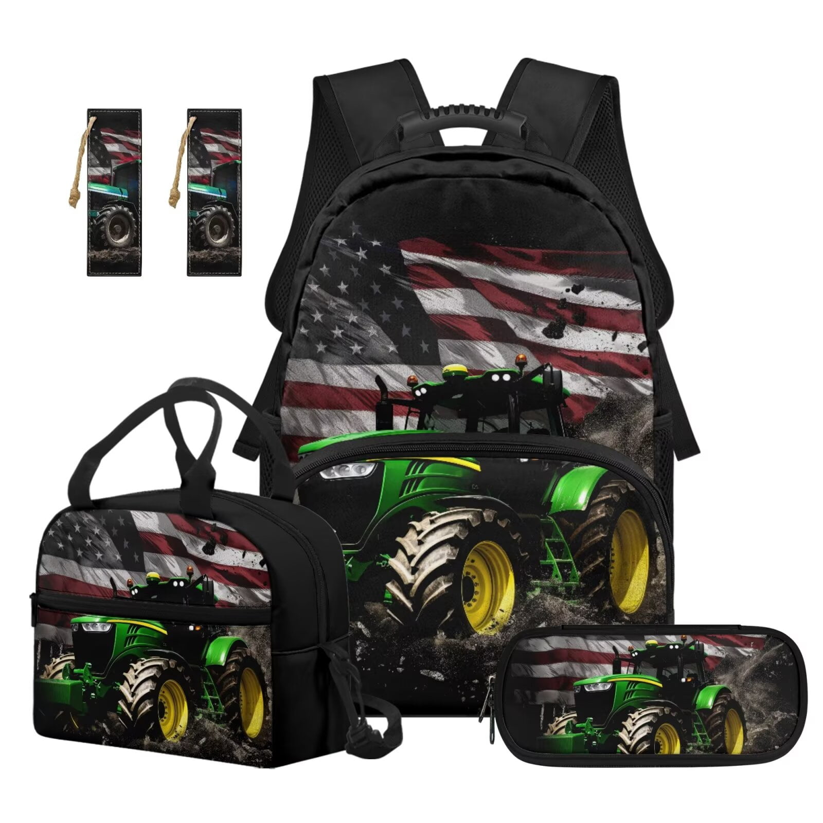 XYZCANDO Tractor 5 Piece Kids Backpack Set with Lunch Box Pencil Case 2 Pcs Bookmark Large Capacity Flag Bookbag for Kids Teens Toddler