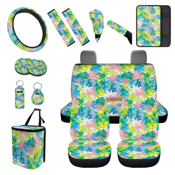 XYZCANDO Tropical Leaf Print Car Coasters Trash Can Lipstick Cover Handbrake Cover Fender Cover Keychain Seat Belt Cover Armrest Cover Steering Wheel Cover Car Cushion Cover Fashion