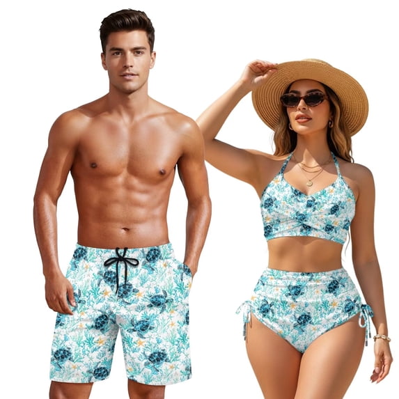XYZCANDO Turtle Matching Couple Beach Vacation Swimwear Tummy Control Bikini Men Swim Trunks Summer Beach Set His and Hers Beachwear Hawaiian Bathing Suits for Couples Plus Size Outfits
