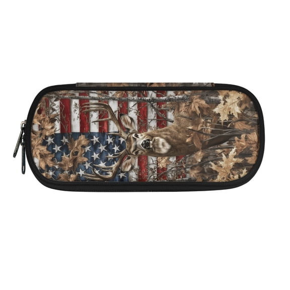 XYZCANDO US Flag & Deer Head with Leaf Camouflage Pattern Polyester Pencil Pouch for Girls Boys, Large Space Pencil Case Preschool Elementary School Stationery Bag