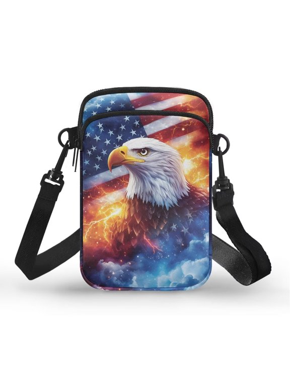 USA Flag Bald Eagle Messenger Phone Case Galaxy Small Cellphone Handbag with Zipper Butterfly Portable Crossbody Wallet Stylish Coin Purse Cross Body Bags for Running Work Travel