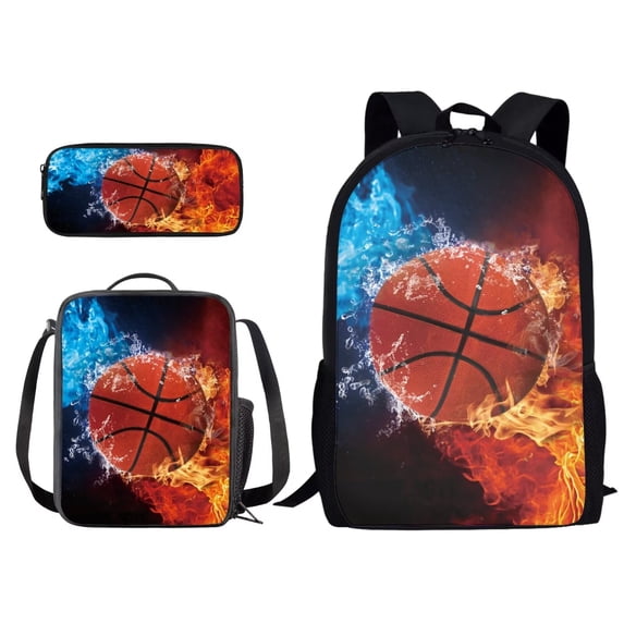 XYZCANDO Vintage Fire Basketball Print Book Bag Set for Student Backpack with Lunch Bag and Pencil Case Large Capacity Rucksack Daypack Washable Schoolbag for Boys Girls