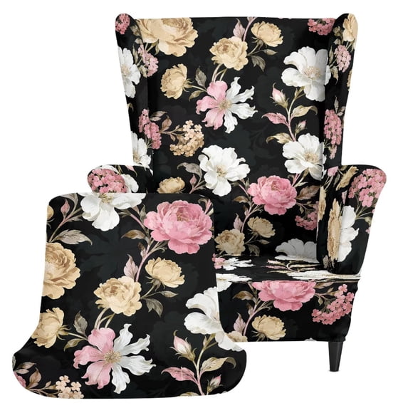 XYZCANDO Vintage Floral Black Wingback Armchair Cover 2-Piece, Stretch Washable High Back Sofa Protector for Living Room, Bedroom, Office Furniture, Pet Friendly