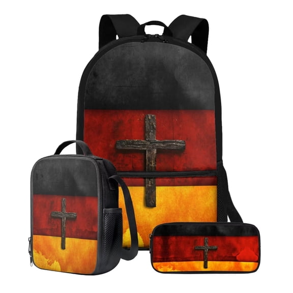 XYZCANDO Vintage German Flag Cross Print Schoolbag Set Backpack Lunch Box Pencil Case Student Travel Backpacks Large Capacity Rucksack Fashion Daypack with Zipper Pockets