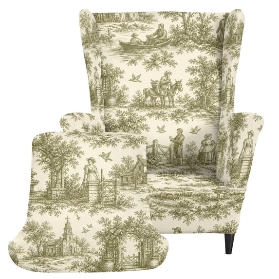 XYZCANDO Vintage Pastoral Toile Wingback Armchair Cover Set, 2-Piece Stretch Non-Slip Washable Furniture Protector for Living Room Bedroom Home Decor