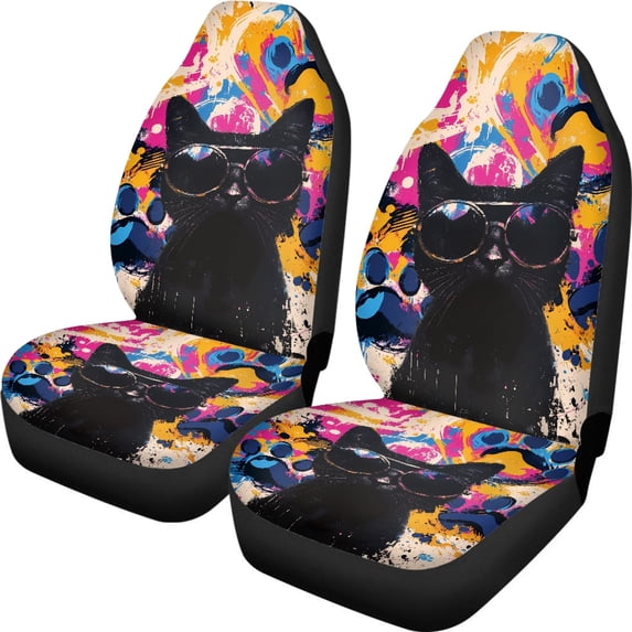 XYZCANDO Waterproof Car Front Seat Covers Van Sedan SUV, Breathable Anti-Scratch Auto Seat Covers 2 pcs Polyester Colorful Cat Pattern Design