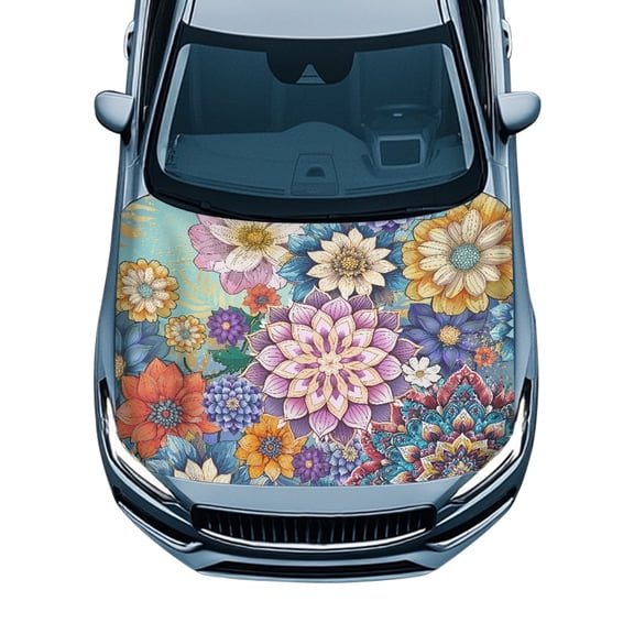 XYZCANDO Waterproof Car Hood Cover Protector, Flower Pattern Stretch Fabric Hood Covers, Elastic Fabric Car Hood Bonnet Protector