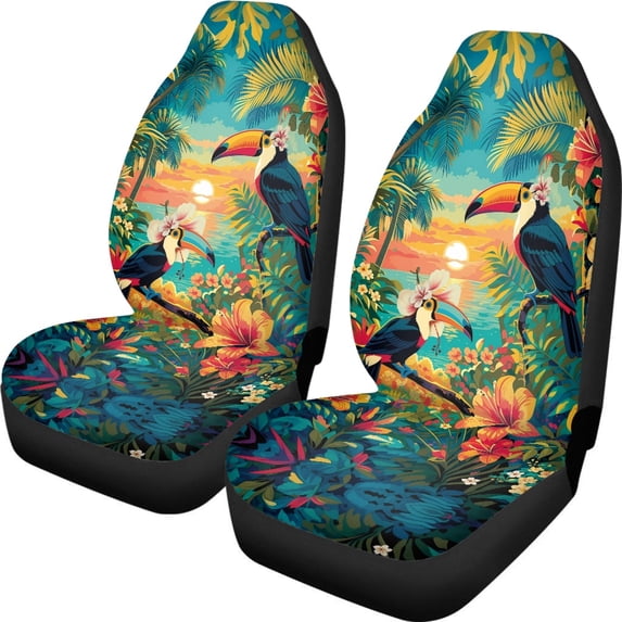 XYZCANDO Waterproof Front Car Seat Covers Truck Vehicle SUV, Breathable Comfy Car Front Seat Cover Set 2 Pack Breathable Cloth Tropical Toucan & Floral Sunset Print