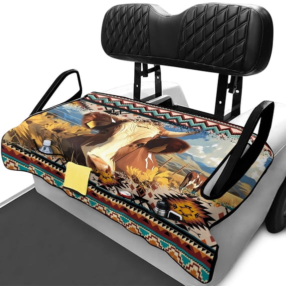 XYZCANDO Western Cow Sunflower Golf Cart Seat Cover | 2-Person With 4 Pockets | Non-Slip Washable Universal Golf Cart Accessory