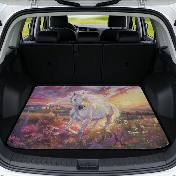 XYZCANDO White Horse Florals Pet Trunk Mat 29" x 39", Waterproof Stitched Edge Cargo Liner with Non-Slip Backing, Easy-Clean Durable Carpet for SUVs, Sedans and Trucks