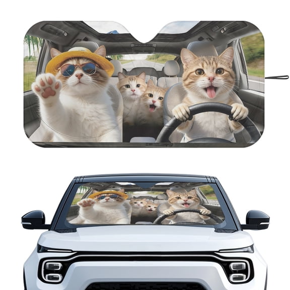 XYZCANDO Windshield Sunshade with Funny Driving Cats, Foldable Sunshade for Car Interior, Large Size Blocks Sun Heat for Summer Road Trips