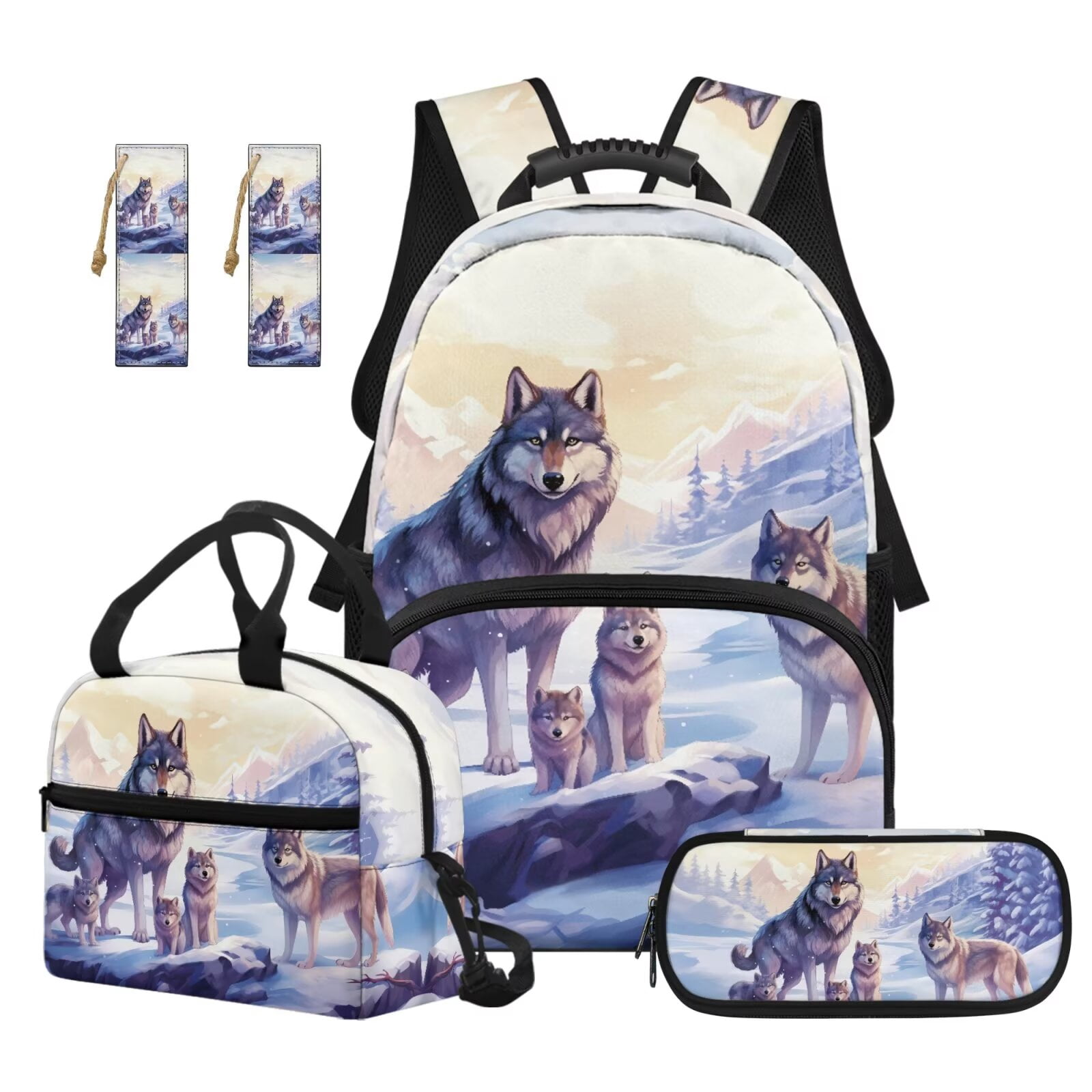 XYZCANDO Wolf 5 Piece Kids Backpack Set with Portable Lunch Bag Multifunctional Pencil Case 2 Pcs Bookmark Side Pockets School Bag for Elementary Students