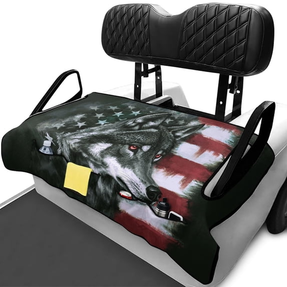 XYZCANDO Wolf American Flag Golf Cart Seat Cover | Non-Slip Terry Cloth with 4 Storage Pockets | Universal 2-Seat Golf Cart Accessory
