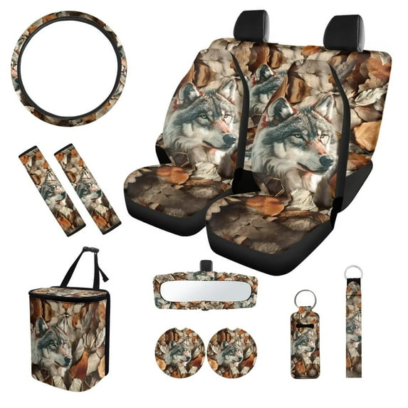 XYZCANDO Wolf Autumn Leaves Print Keychain Lipstick Cover Center Mirror Cover Coasters Car Seat Cover Seat Belt Cover Steering Wheel Cover Car Trash Can Removable Automotive Accessories