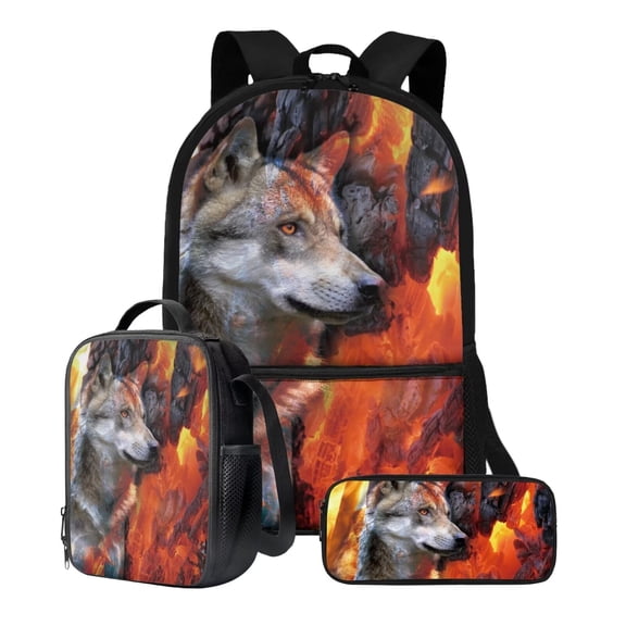 XYZCANDO Wolf Lava Fire Print Backpack Set for Student Schoolbag Lightweight Bookbag Lunch Box Pencil Case Fashion 17 Inch Travel Laptop Backpacks Rucksack Daypack with Adjustable Straps