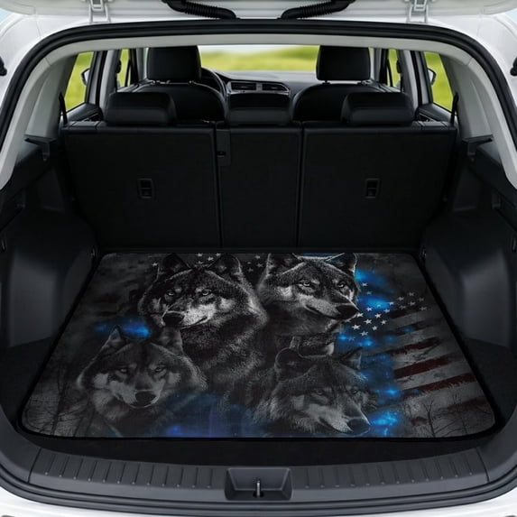 XYZCANDO Wolf Rear Cargo Protector 29" x 39", US Flag Polyester Trunk Mat, Easy Install Non-Slip Backing Stitched Edge Trunk Carpet for Universal Vehicles