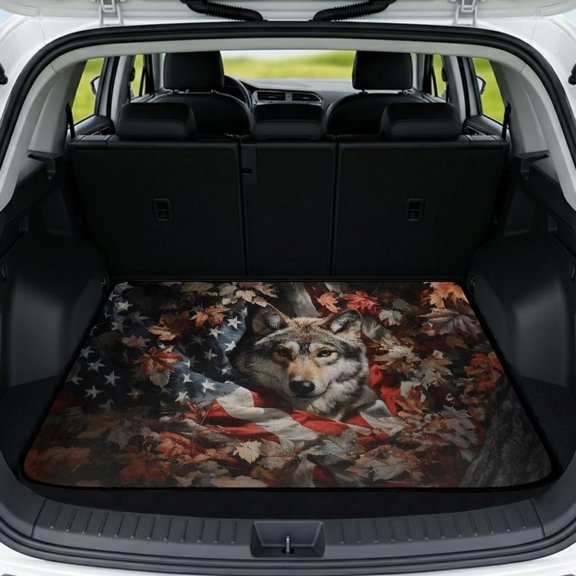 XYZCANDO Wolf Universal Cargo Liner 29" x 39", Camo Forest Non-Slip Backing Trunk Protection, Stitched Edge Waterproof Washable Mat for Trucks & SUVs