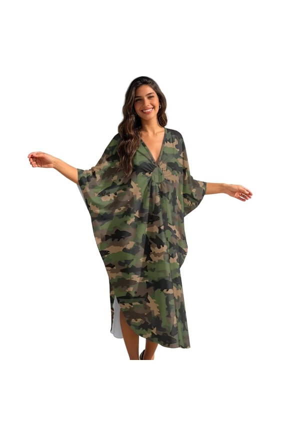 Women Kaftan Dresses Plus Size V-Neck Batwing Sleeves Beach Cover Up Fish Camouflage Caftan Dress Swimsuit Coverup for Women Bathing Suit Coverups Swim Cover Up Beach Wear
