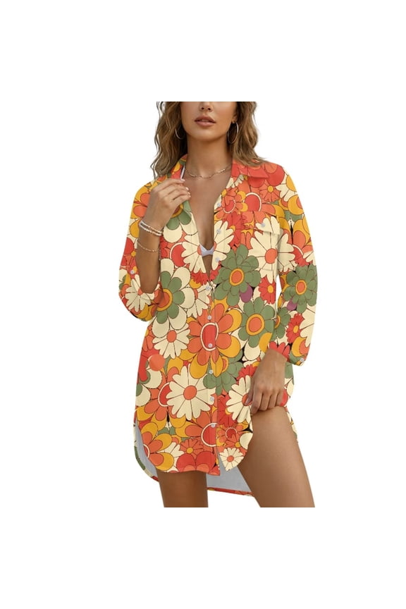 Women Swimsuit Cover Up Button Down Blouse Hippy Flowers Print Tops Long Sleeve Shirt Dress Loose Fit Beach Cover Ups Bikini Bathing Suit Coverup Vacation Outfit