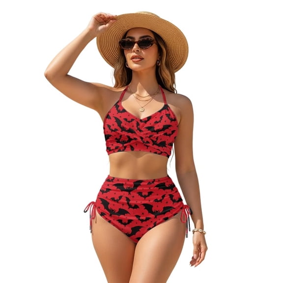 XYZCANDO Women's Bikini Set High Waisted Tummy Control Two Piece Swimsuit Gothic Bat Bathing Suit with Crisscross Back Cutout Adjustable Side Drawstrings Swimwear for Beach Pool Vacation