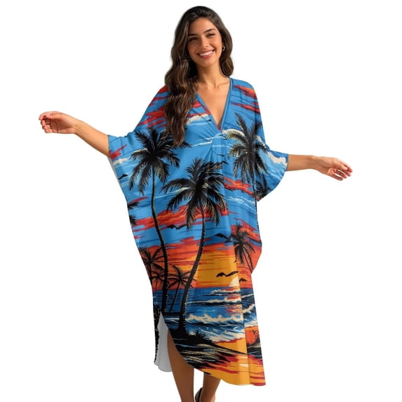 XYZCANDO Women's Long Kaftan Dress Flowy Maxi Dress Beach Cover Up Loose Fit Batwing Sleeve Swimsuit Cover Ups Coconut Palm Sunset Hawaiian Robe Vacation Outfits Elegant Gown Top Night Dress