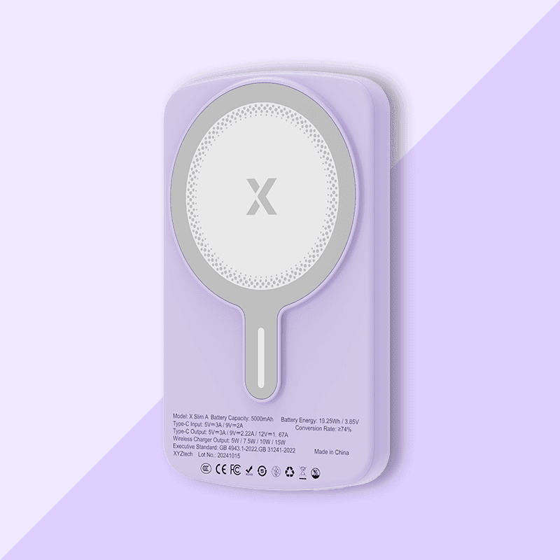 XYZtech X Slim A Wireless Power Bank - 5000 mAh - Ultra Thin - 0.39" Rubber Oil Finish Plastic Casing Design, Compatible with iPhone and Samsung, Lavender