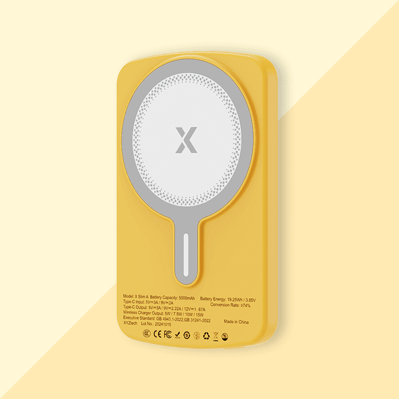 XYZtech X Slim A Wireless Power Bank - 5000 mAh - Ultra Thin - 0.39" Rubber Oil Finish Plastic Casing Design, Compatible with iPhone and Samsung, Yellow