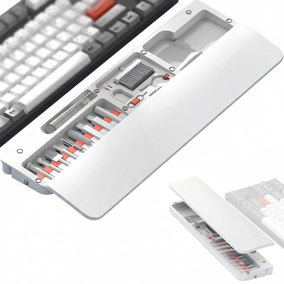 XYvans Wrist Rest with Cleaning Kit, 22-in-1 Leather Ergonomic Hand Pad for Mechanical Keyboards/iPhone/AirPod/iPad with Storage Case & Phone Holder-White