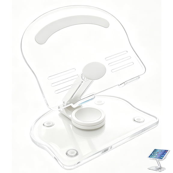 XYvans Tablet Stand, Foldable 360° Rotating Acrylic Adjustable Desktop Tablet Holder with Non-Slip Silicone for 4.7-13 Inch Devices（White）