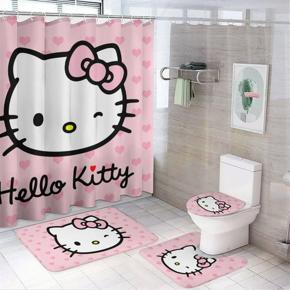 XZAMB 4 Pcs Cartoon Pink Cat Shower Curtain Set with Rug Bathroom Sets with Fabric Shower Curtain and Non-Slip Rugs Toilet Lid Cover Bath Mat Decor with Hooks for Bathroom Decor
