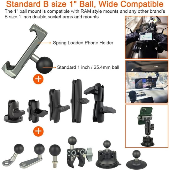 XZHANH-1 Inch/25mm Ball Mount Phone Holder Compatible with RAM mounts B Size Double Socket Arm for Car Bike Motorcycle Phone Mount with 1" Ball