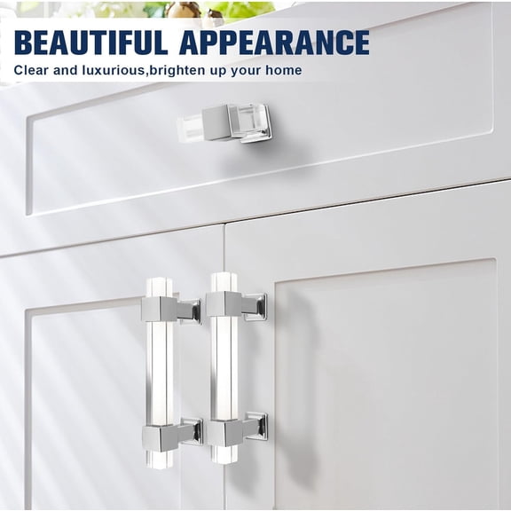 XZHANH-10 Pack 3-1/2 Inch Hole Center Kitchen Cabinet Pulls, Silver Chrome Base Cabinet Handles with Square Clear Acrylic Tube, Drawer Pulls for Wardrobe, Cupboard, Dresser Drawer