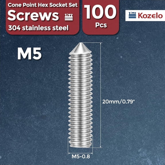 XZHANH-100pcs Cone Point Socket Set Screws - [M5-0.8x20mm] 18-8 Stainless Steel Headless Allen Head Grub Set Screw with Hex Key Wrench for Door Handle, Bathroom Fixture & Towel Rack