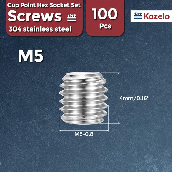 XZHANH-100pcs Cup Point Hex Socket Set Screws - [M5-0.8x4mm] 18-8 Stainless Steel Headless Allen Head Grub Set Screw with Hex Key Wrench for Door Handles, Bathroom Fixture & Towel Rack