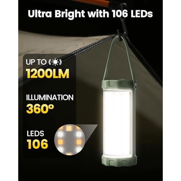 XZHANH-106 LED Camping Lights, Up to 80Hrs, 5000mAh Camping Lantern Rechargeable with 5 Brightness 3 Modes & SOS, IP68 Waterproof, Max 1200LM, Lanterns for Power Outages Hiking Emergency Hurricane