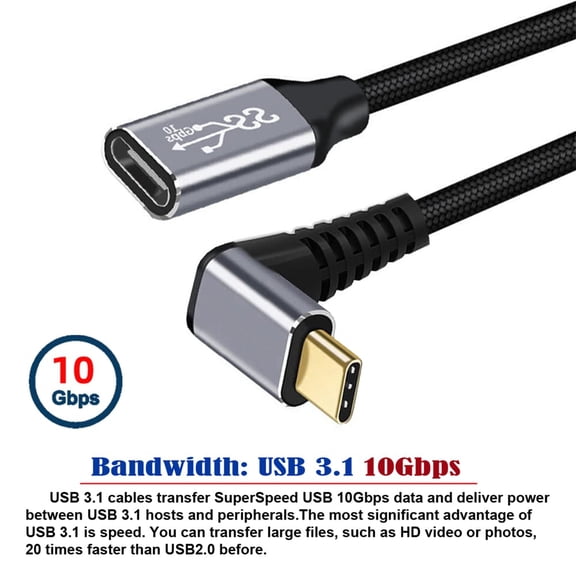 XZHANH-10Gbps 100W Male to Female USB 3.1 USB-C Type C Up Down Angled Extension Data Cable with Sleeve for Laptop 3M
