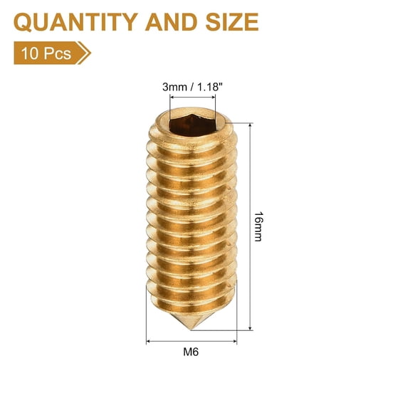 XZHANH-10Pcs Set Screws M6x16mm Brass Cone Point Hex Socket Grub Screws for Machinery, Home Repairs, and Fixtures Gold Tone