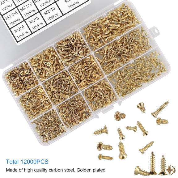 XZHANH-1200Pcs Tiny Phillips Flat Head Self Tapping Screws for Wood, Plastic and Soft Metal. M2 M2.5 M3 Small Countersunk Tapper Screws Set for DIY Micro Woodworking Furniture Box. Golden,Carbon Ste