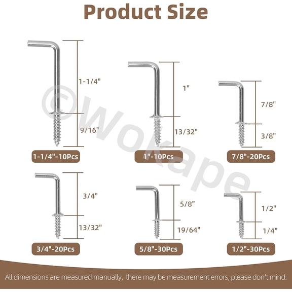XZHANH-120Pcs 6 Sizes Metal Screw-in Square Bend Hooks Kit, 1/2" 5/8" 3/4" 7/8" 1" 1-1/4" Silver L Shape Carbon Steel Screw Hooks 7-Shape Self Tapping Hook 90 Degree Screw-in Hooks