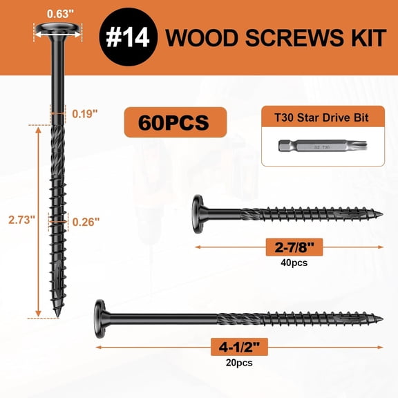 XZHANH-#14 Heavy-Duty Wood Screws Assortment Kit, 60Pcs Star Drive Decking Wood Screws, Rust Resistant Timber Screws for Log/Landscaping Wood (2-7/8",4-1/2")