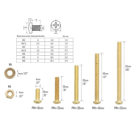 XZHANH-160pcs Machine Screws Assortment Kit, M4 Phillips Pan Head Bolts, 5 Sizes (with Nuts and Flat Washers), Copper (Yellow)