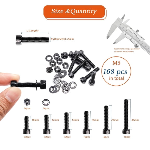 XZHANH-168PCS M5 Metric Black Screw Assortment Kit Dacromet Process 304 Stainless Steel Hex Socket Head Cap Screws, Nuts, Washers Set with Case for Furniture DIY, Installation of Cameras (10-30mm)