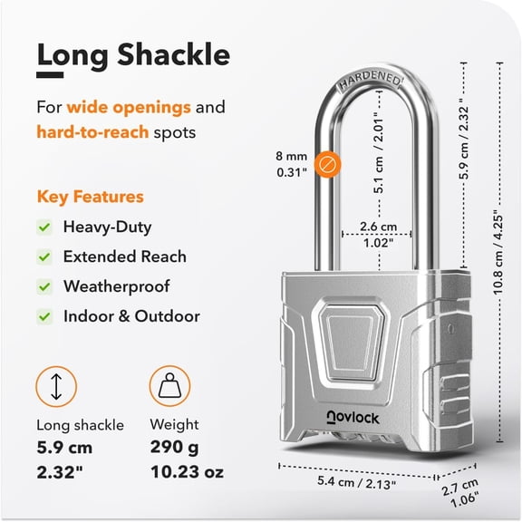 XZHANH-2.3in Long Shackle Outdoor Combination Lock Heavy Duty, Large, Weatherproof Padlock with Code for Gates, Fences, Sheds, Lockers, Cabinets, Storage Units 1-Pack, Silver