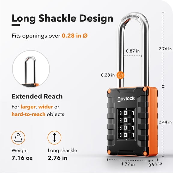 XZHANH-2.76 in Long Shackle Combination Locks | 4-Digit Padlocks for Gym Locker, Cabinets, Toolboxes, Gates, Fences, Sheds | 2-Pack, Black/Orange