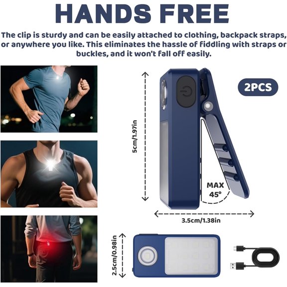 XZHANH-2 Pack Clip On Torch, LED Running Light with 3 Modes, USB Rechargeable Night Running Chest Light Hands Free, IPX7 Waterproof EDC Flashlight for Runners Dog Walking Hiking JoggersBlue