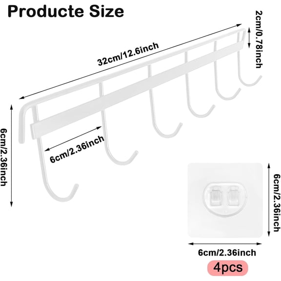 XZHANH-2 Pack Kitchen Adhesive Wall Hooks Rack Rail,Spoon Hanger for Kitchen Hanging Spatulas Measuring Spoons Space Saving No Drilling Hanger with 6 Hooks for Bathroom Bedroom Closet (White)