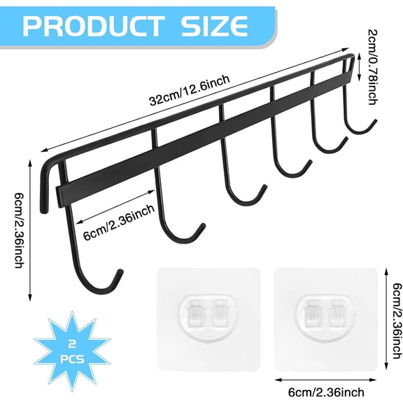 XZHANH-2 Pack Kitchen Adhesive Wall Hooks Rack Rail,Spoon Hanger for Kitchen Hanging Spatulas Measuring Spoons Space Saving No Drilling Hanger with 6 Hooks for Bathroom Bedroom Closet (Black)
