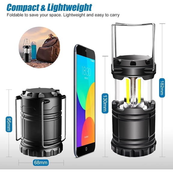 XZHANH-2 Pack LED Battery Operated Lights, Portable Survival Battery Powered Lamp, Camping Lantern, Suitable for Hurricane, Emergency, Storm, Outages, Outdoor Collapsible Lanterns, Black