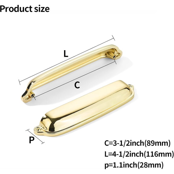 XZHANH-2 Pack Polished Brass Cup Pulls 3-1/2 Inch Center to Center - Cabinet & Drawer Handles for Kitchen Hardware