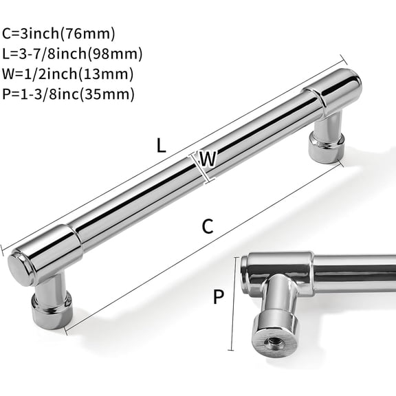 XZHANH-2 Pack Polished Chrome Cabinet Pulls, 3 Inch(76mm) Hole Centers Cabinet Handles Kitchen Hardware for Cabinets and Drawer